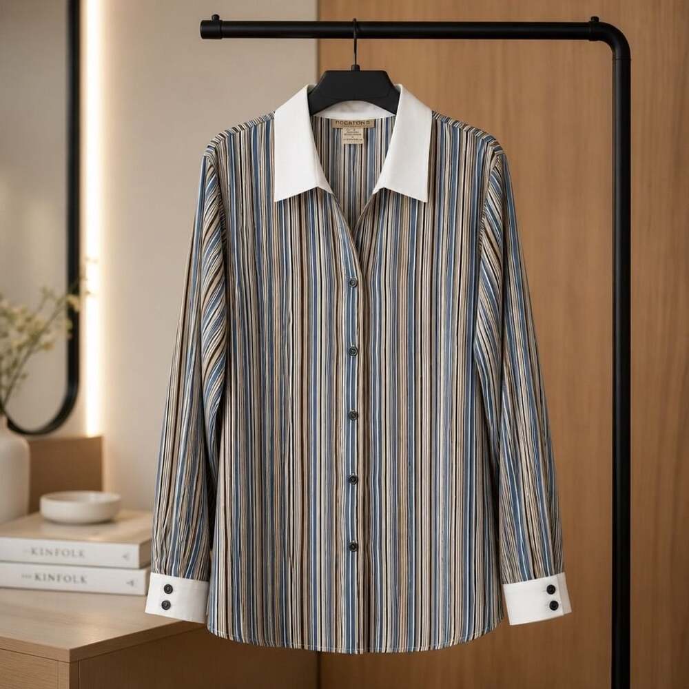 Notations Woman Striped Long Sleeve Blouse with Contrast Collar and Cuffs